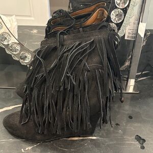 Ralph Lauren Denim supply Black Fringe Suede Ankle wedge Boots